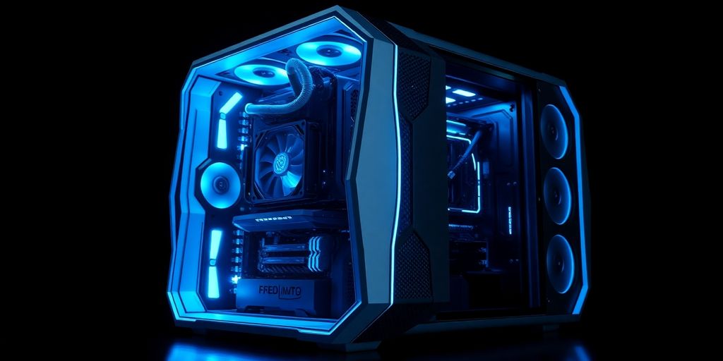 Futuristic supercomputer illuminated in blue lights.