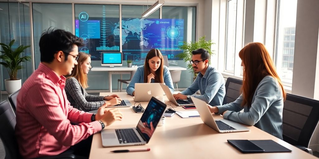 Team collaborating in a modern office with AI tools.