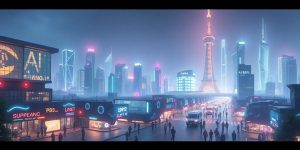 Futuristic city with AI technology and vibrant architecture.