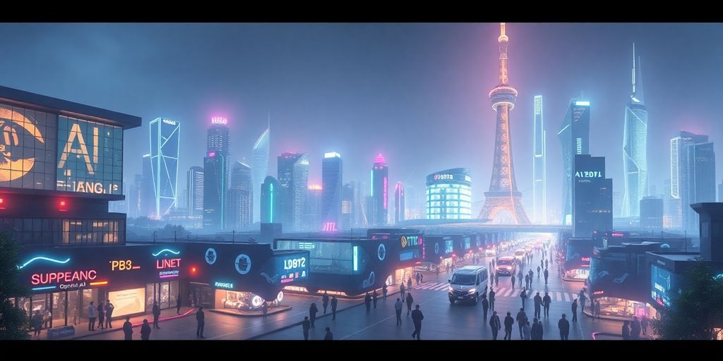 Futuristic city with AI technology and vibrant architecture.