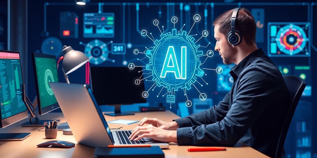 Person working with AI technology in a modern office.