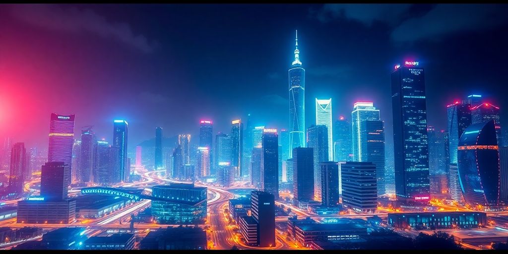 Futuristic city skyline with advanced technology and bright lights.